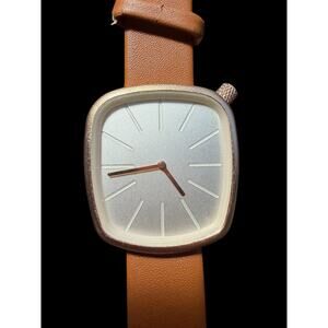 OK TIME Unisex Square Rose Gold Tone Watch Brown Faux Leather Band Quartz Analog